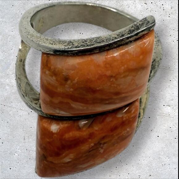 DR Modernist .925 Sterling Silver Orange Calcite Bypass Statement Ring - Picture 2 of 6